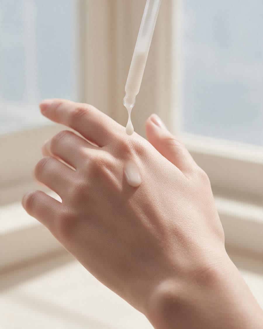 A drop of serum on the back of a hand