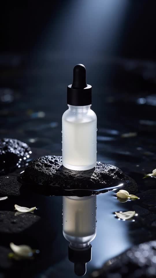 Serum bottle on wet volcanic stone at night