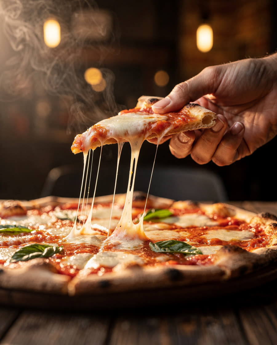 A slice of pizza with stretching mozzarella