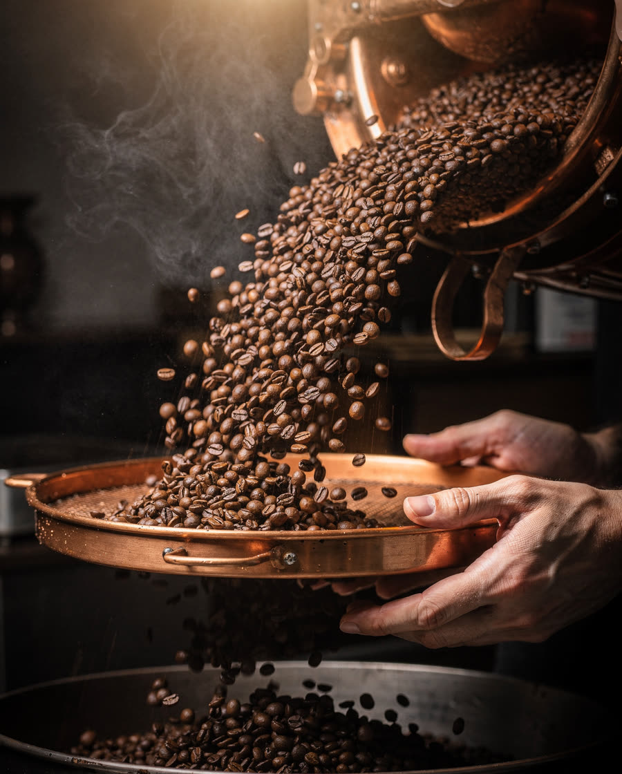 Roasted coffee beans falling from a copper drum