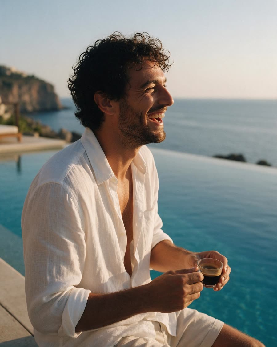 Guest laughing by the pool with a coffee