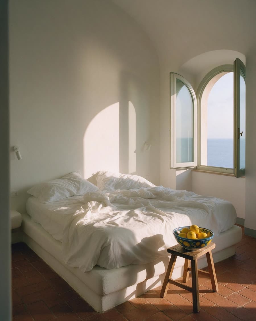 Room with linen bed and morning light